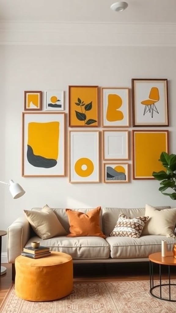 Eclectic art display featuring mustard yellow hues with a cozy sofa and decorative cushions