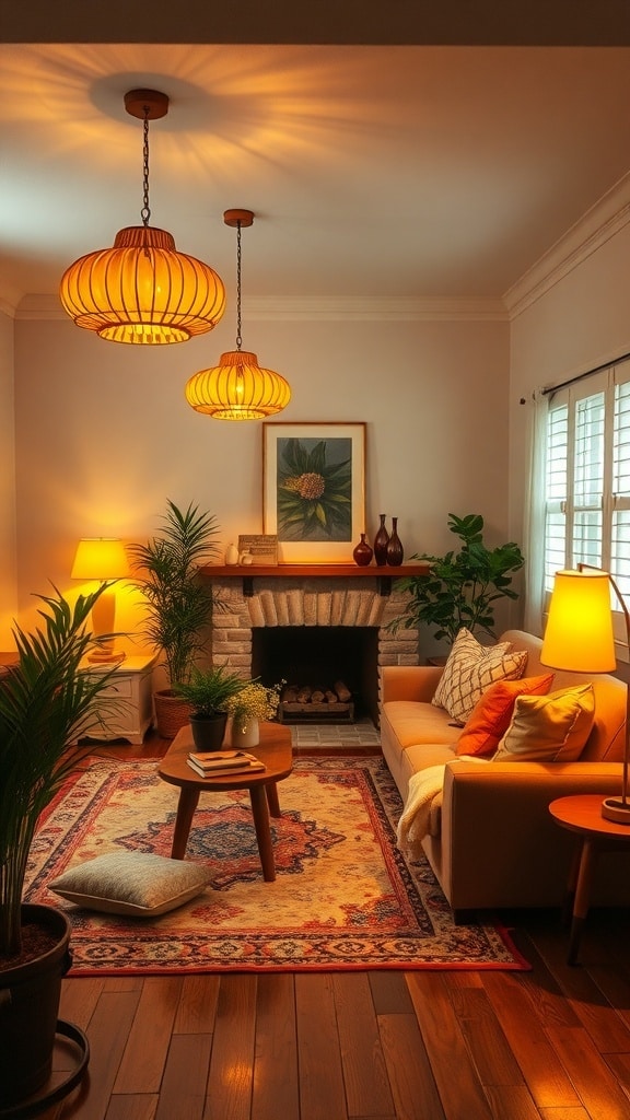 Cozy living room with mustard yellow lighting fixtures, plants, and warm decor.