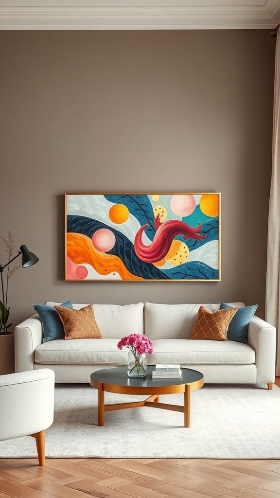 A modern living room with taupe walls, a light sofa, and bold artwork above the couch.