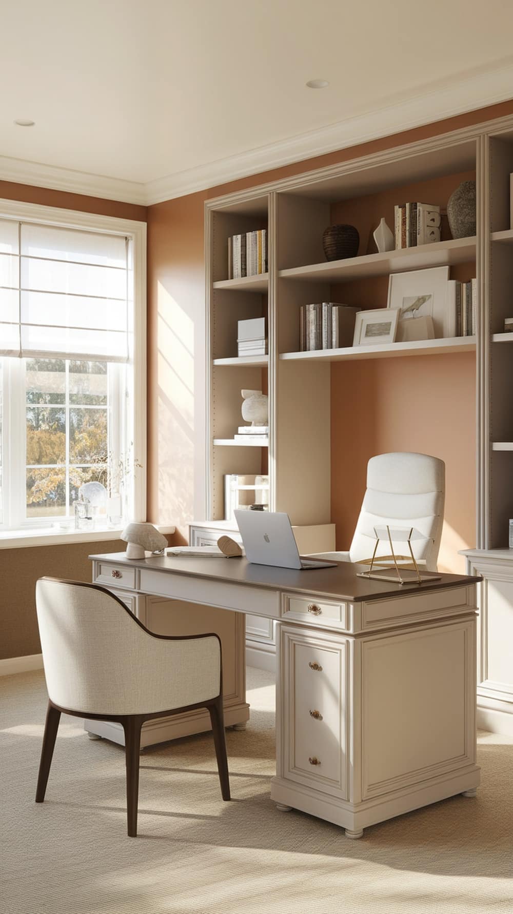 A clean home office featuring accessible beige walls, a stylish desk, and organized shelves.