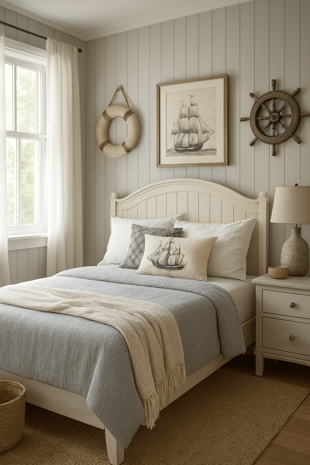 Coastal-inspired bedroom with gray walls, white trim, and nautical decor