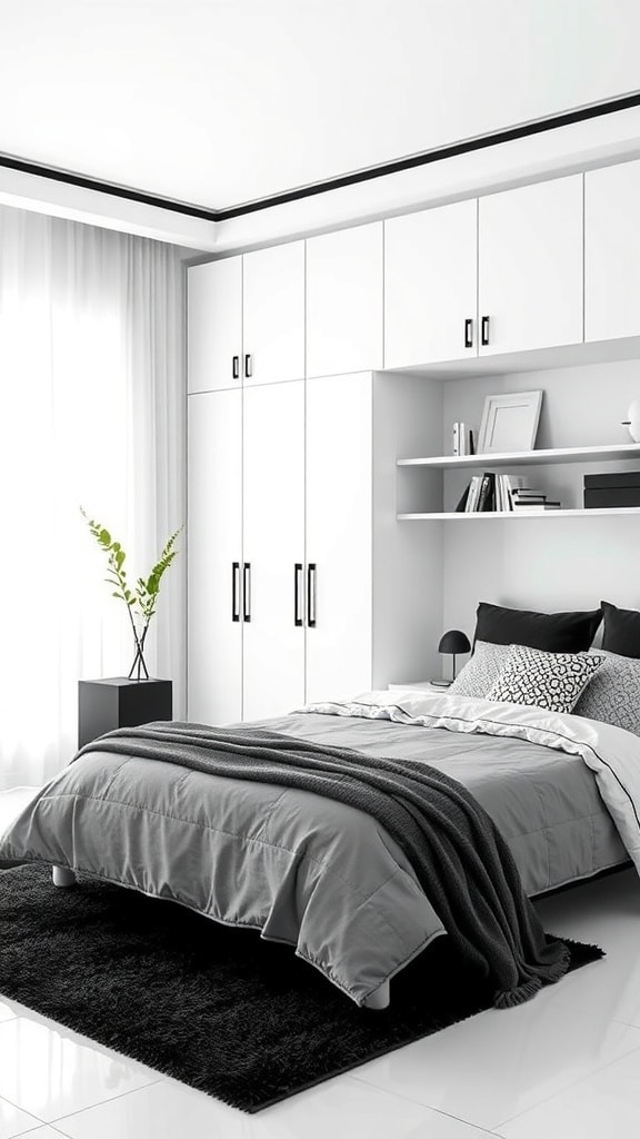 A minimalist black and white bedroom featuring sleek storage solutions.
