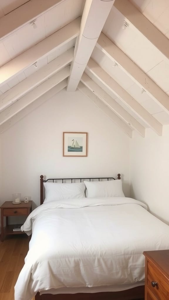 Cozy bedroom with white ceiling beams and simple decor