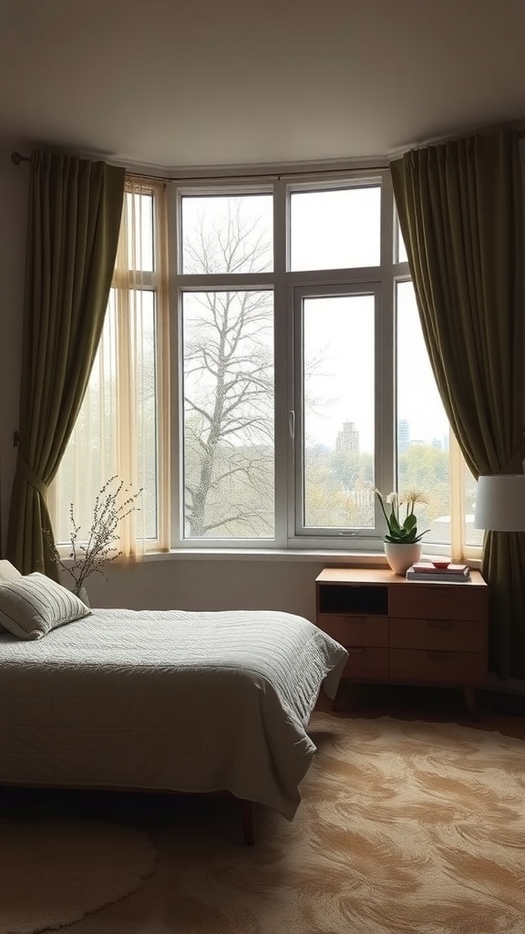 A cozy bedroom featuring olive green curtains, a bed with neutral bedding, and a wooden nightstand.