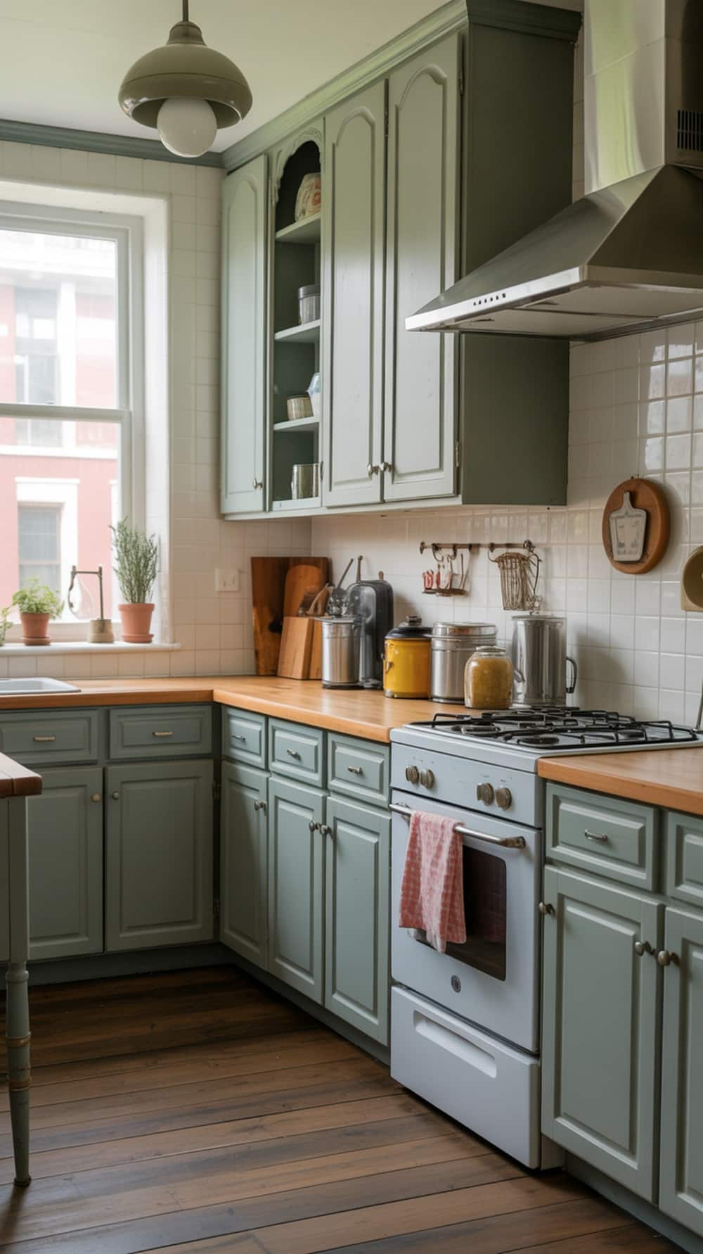 A cozy kitchen featuring dusty blue cabinets, wooden countertops, and natural light.