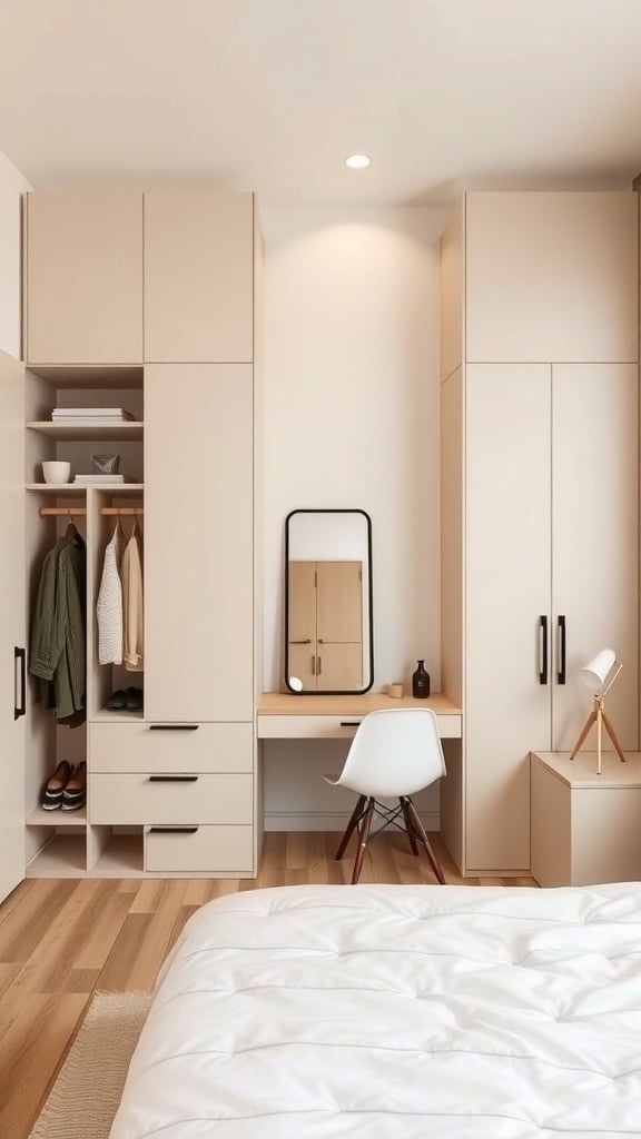 Stylish beige bedroom with smart storage solutions and a workspace.
