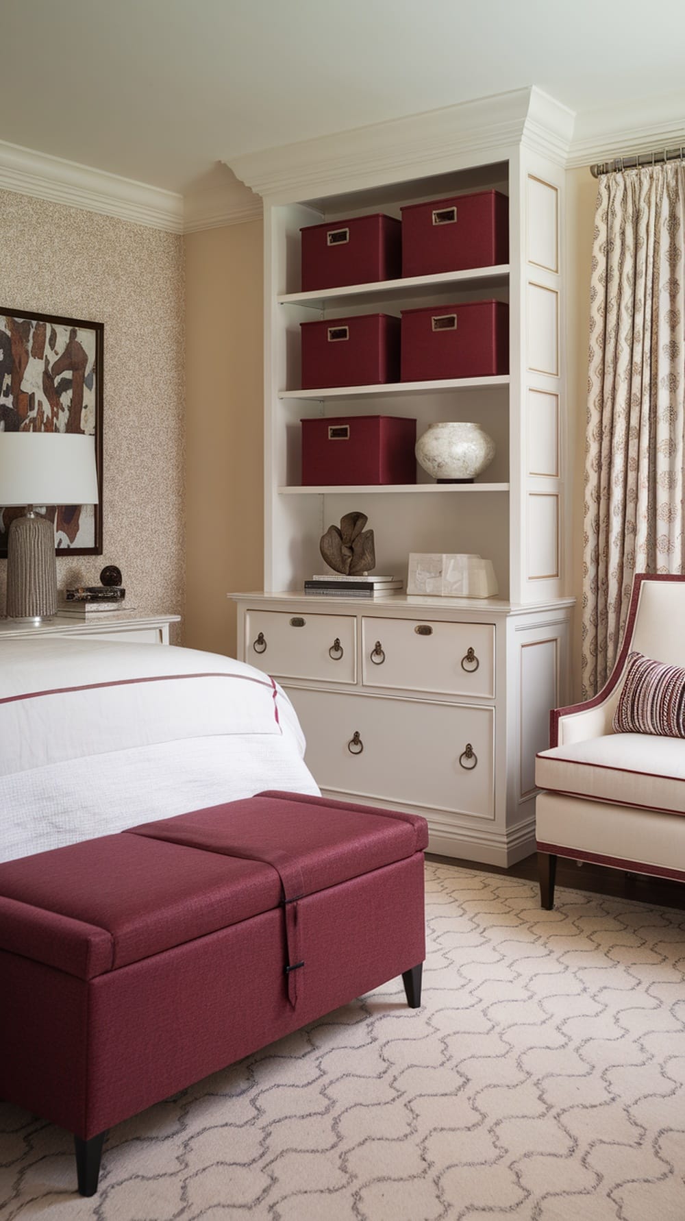 A contemporary burgundy dresser with a sleek design and minimalist handles, set against a light background.
