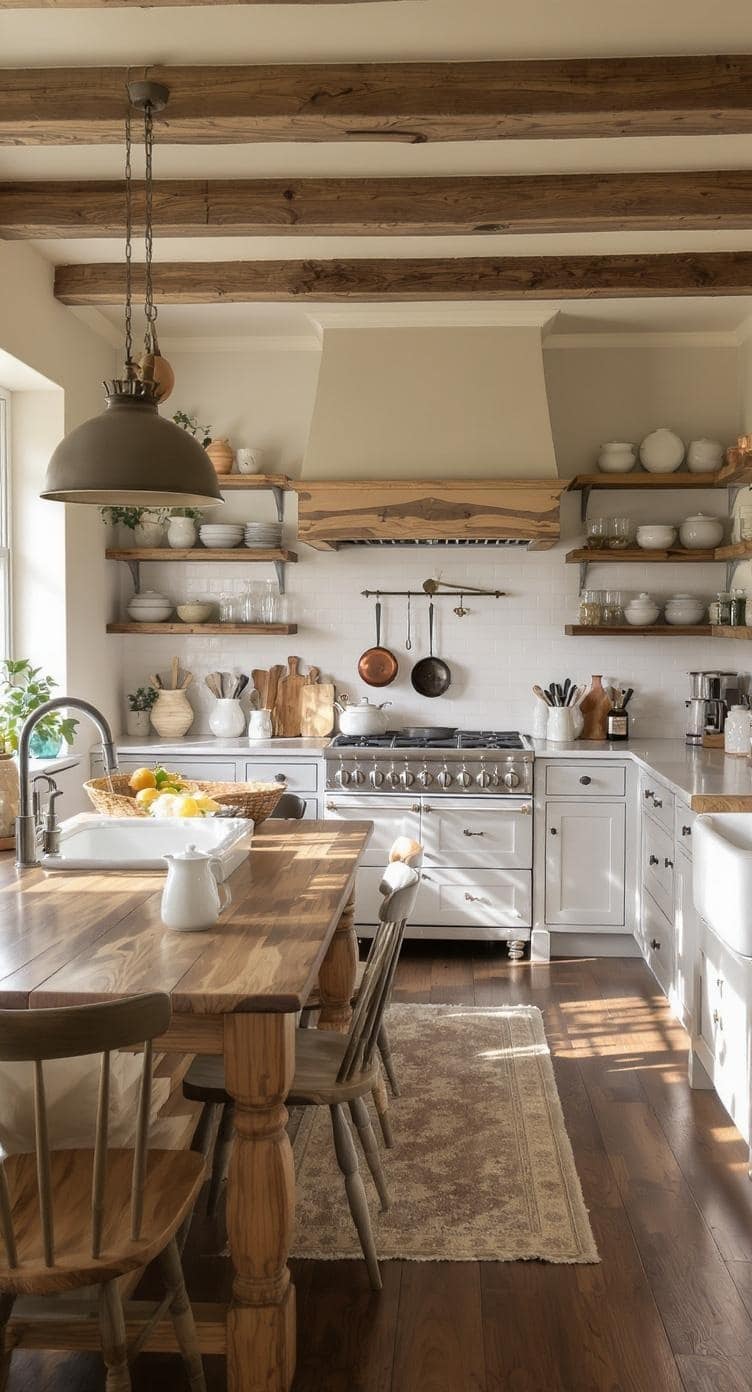 A cozy farmhouse kitchen featuring greige cabinets, wooden beams, and rustic elements.