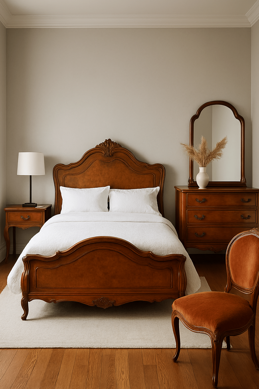 A vintage bedroom featuring a burnt sienna wooden bed, nightstand, and chair, paired with modern decor elements.