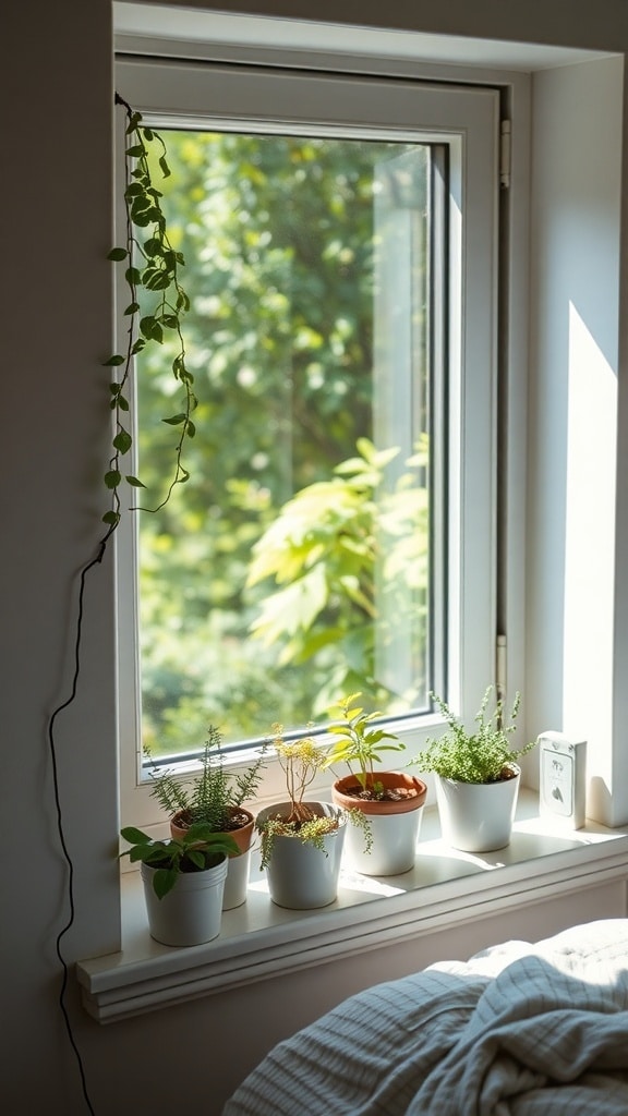 A bright window sill with several pots of herbs, showcasing a cozy green bedroom idea.