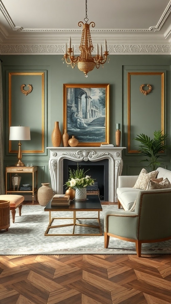 A luxurious living room featuring sage green walls and gold accents, with elegant furniture and decor.