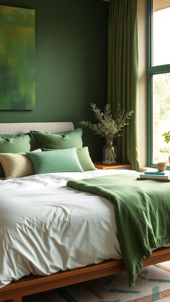A mid-century green bedroom with layered textiles, featuring a green bedspread, decorative pillows, a woven rug, and natural light from a window.