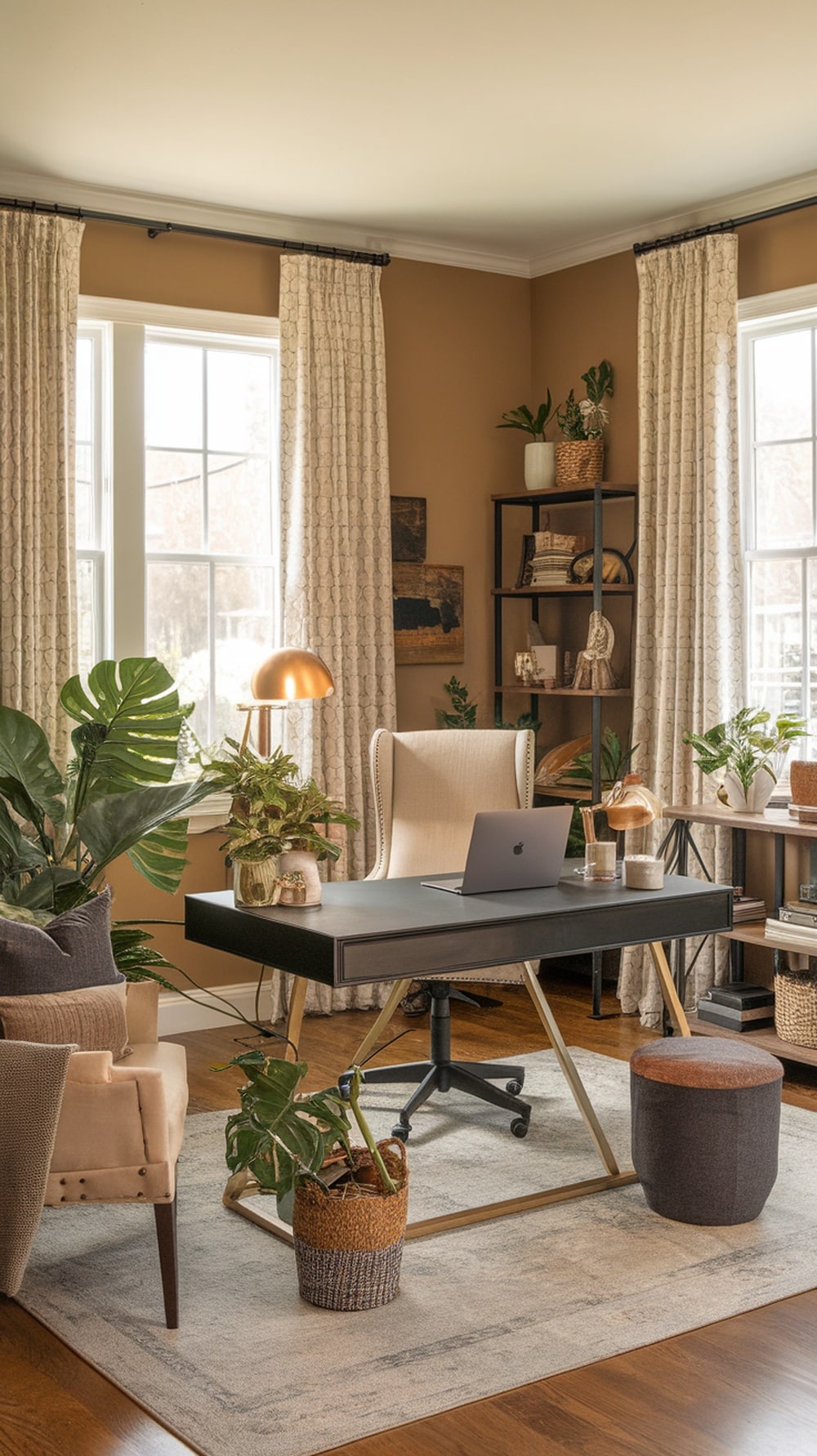 A cozy home office with Accessible Beige walls, a stylish desk, comfortable chair, and plants for a fresh touch.