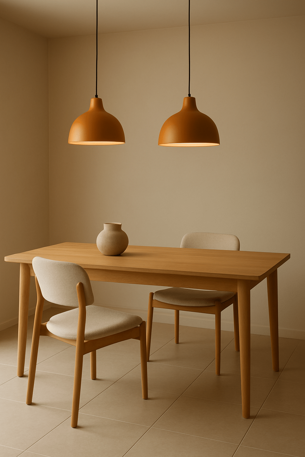 Minimalist dining room with caramel pendant lights above a wooden table and chairs