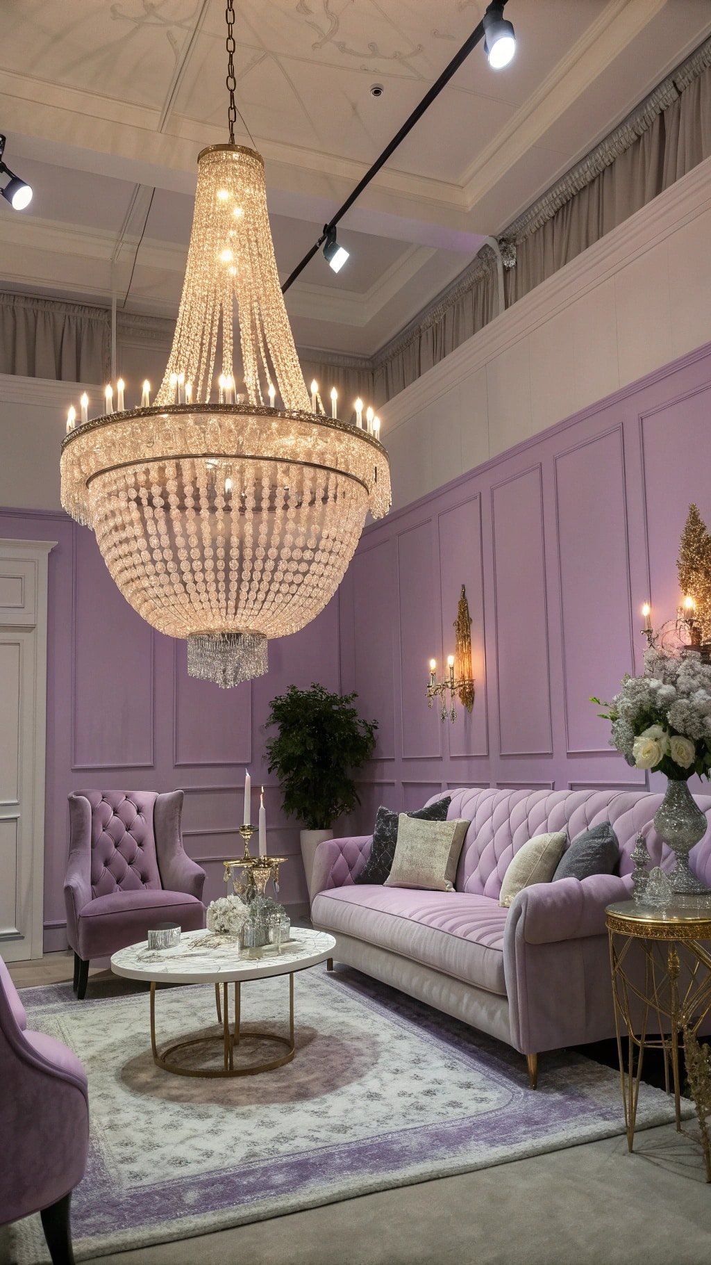 A luxurious lavender living room featuring a stunning chandelier and elegant furniture.