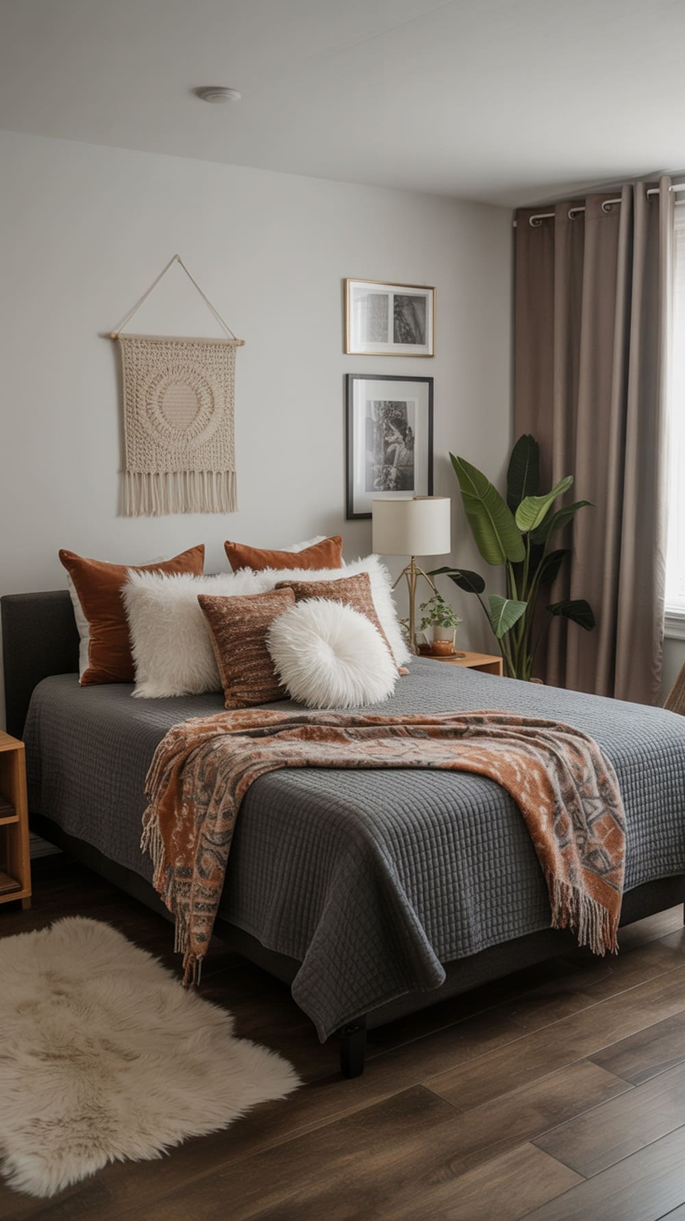 A cozy dorm room featuring a charcoal gray bedspread, layered pillows, a warm throw blanket, and a soft area rug, creating a boho vibe.