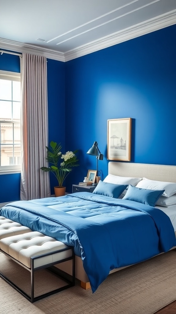 Bedroom with cobalt blue accent wall, white bedding, and light wood flooring