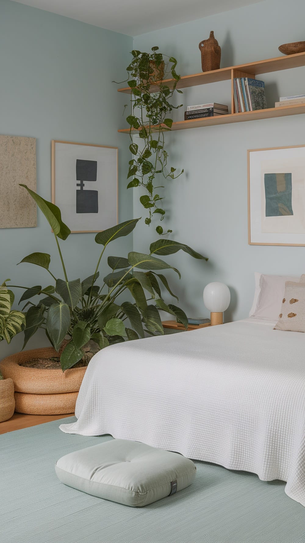 A light blue bedroom featuring vintage furniture, a chandelier, and floral decor.