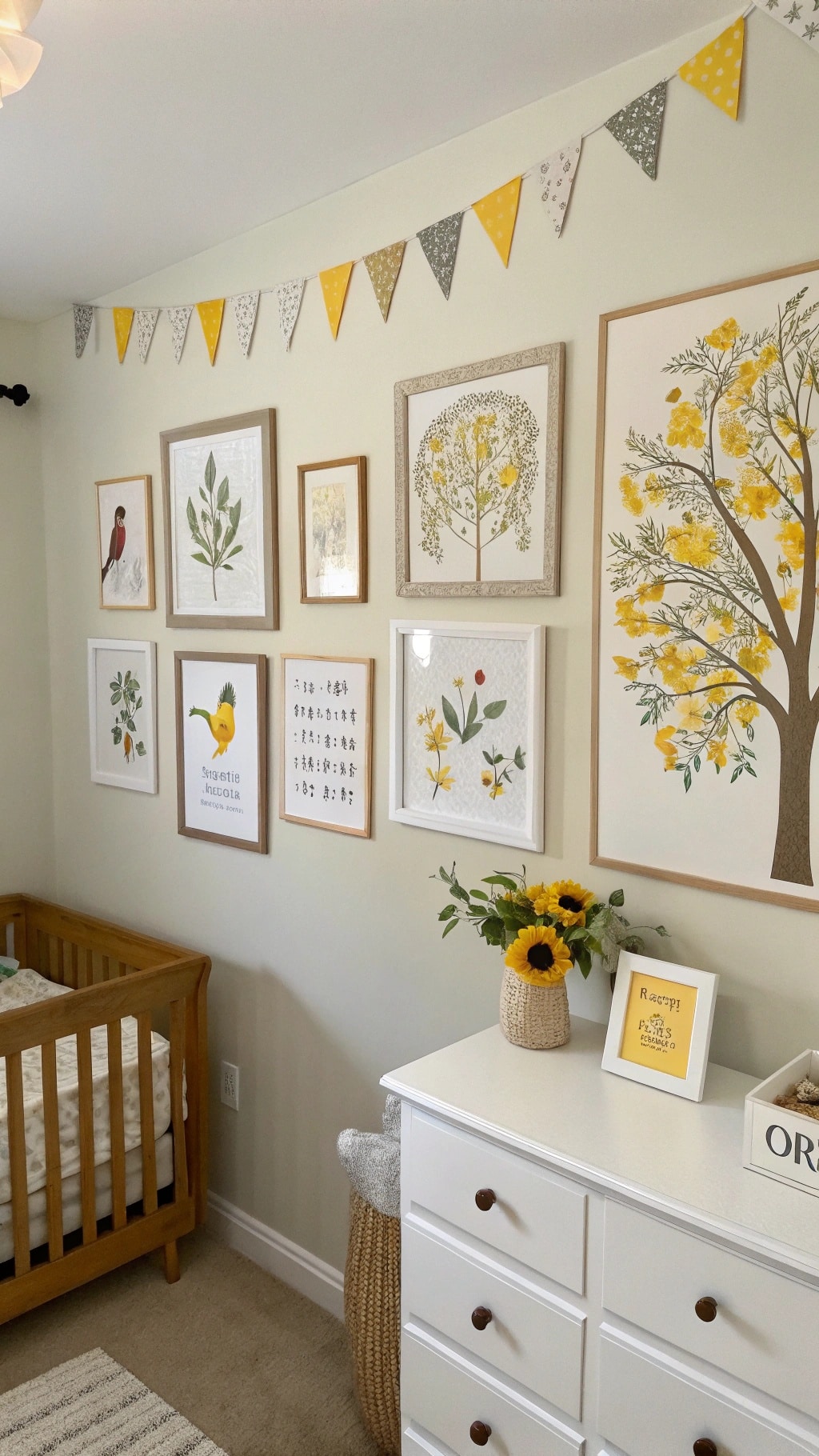 A nursery wall decorated with nature-inspired art, featuring framed botanical prints and a cheerful bunting.