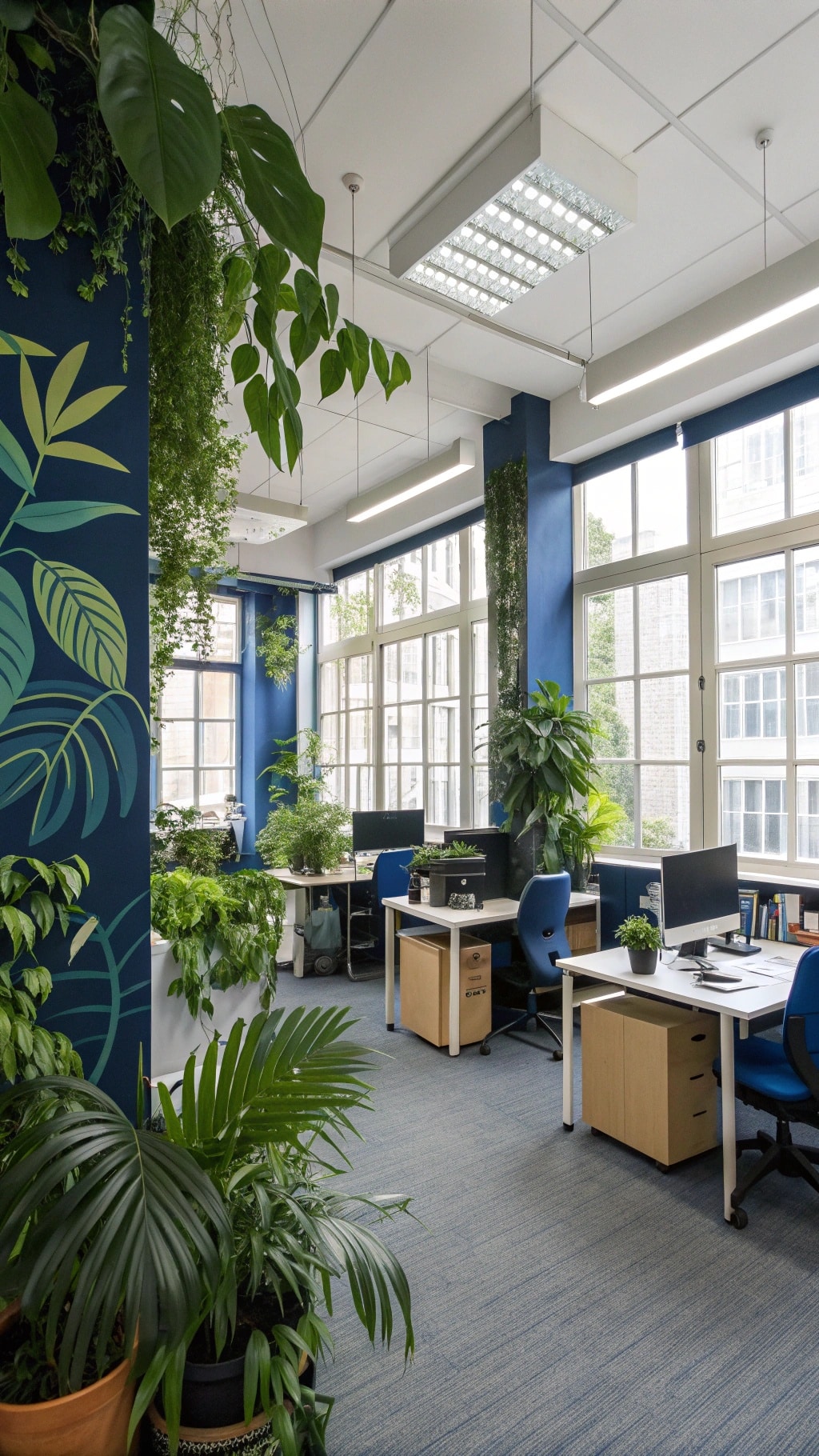 An office space featuring navy blue walls and various indoor plants, creating a vibrant and inviting atmosphere.