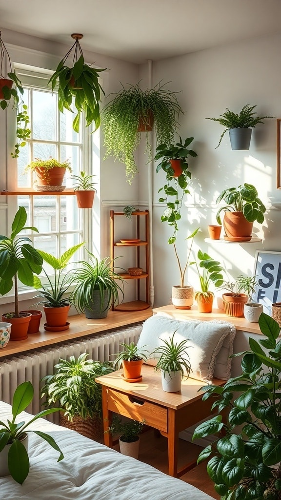 A cozy bedroom filled with various potted plants by the window, showcasing a bright and fresh atmosphere.