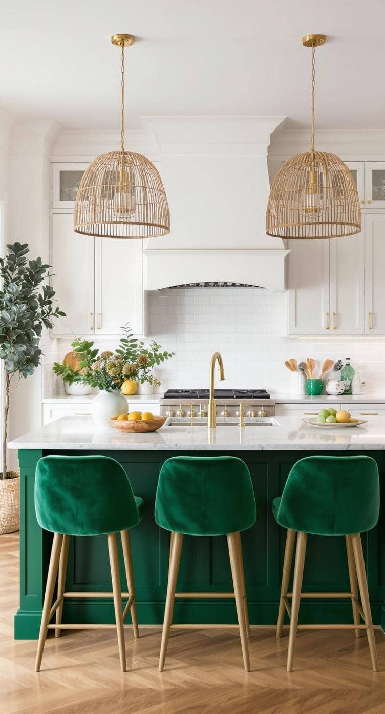 Stylish kitchen featuring an emerald green island and bar stools with neutral cabinetry and wood flooring.