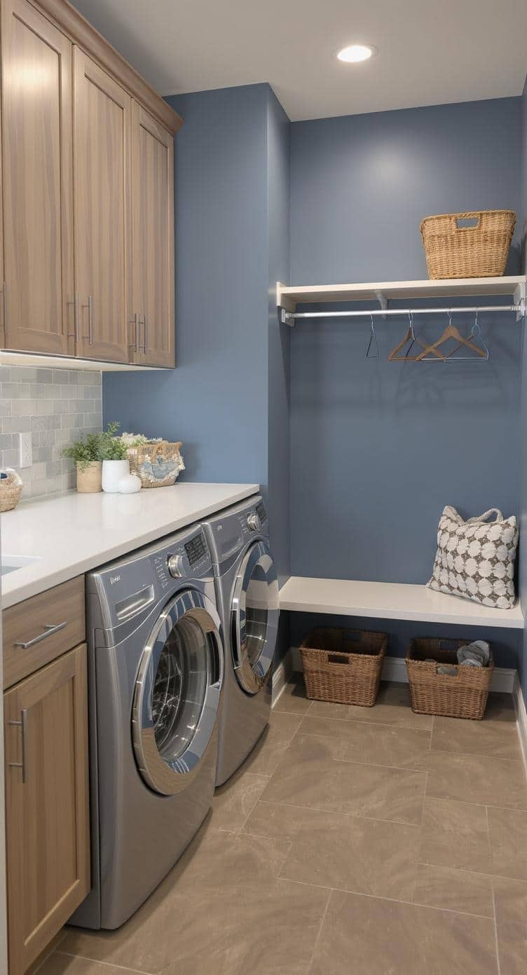 A modern laundry room with indigo walls, silver washing machines, and wooden cabinets.