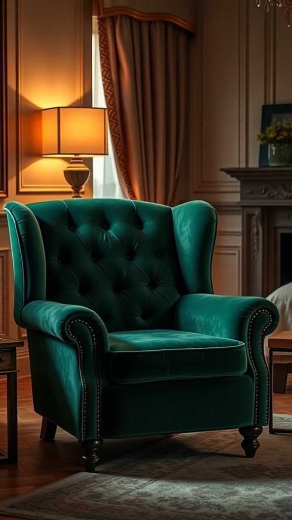 A cozy green velvet chair in a warmly lit room