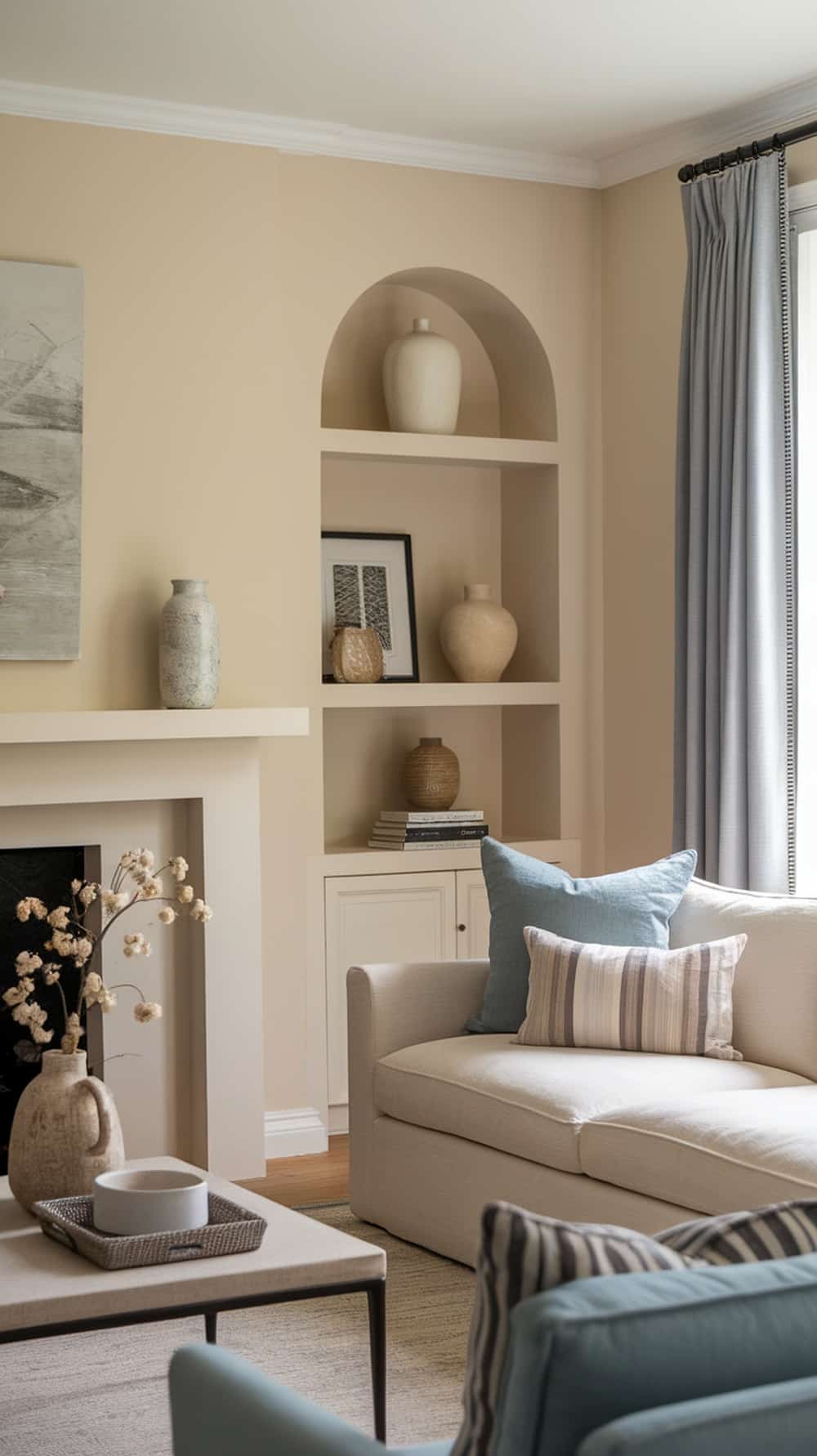 A serene living room featuring accessible beige walls, blue-gray accents, and cozy furniture.