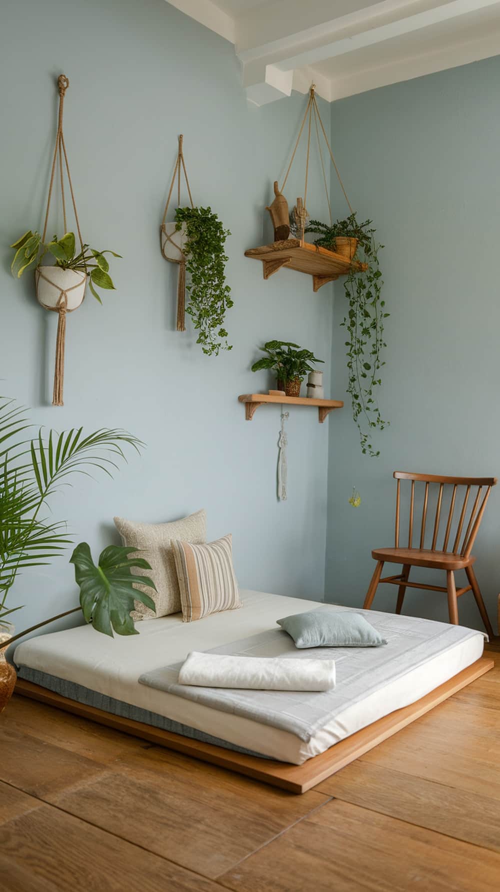 A modern minimalist bedroom with light blue walls, a cozy bed, and simple decor.