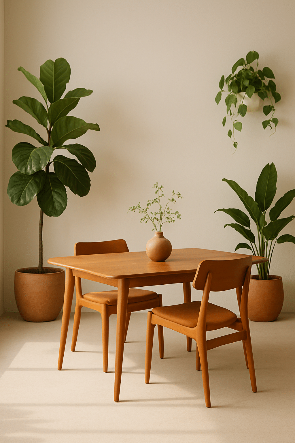A minimalist dining room featuring a caramel-colored table and chairs, with greenery in pots and a small vase on the table.