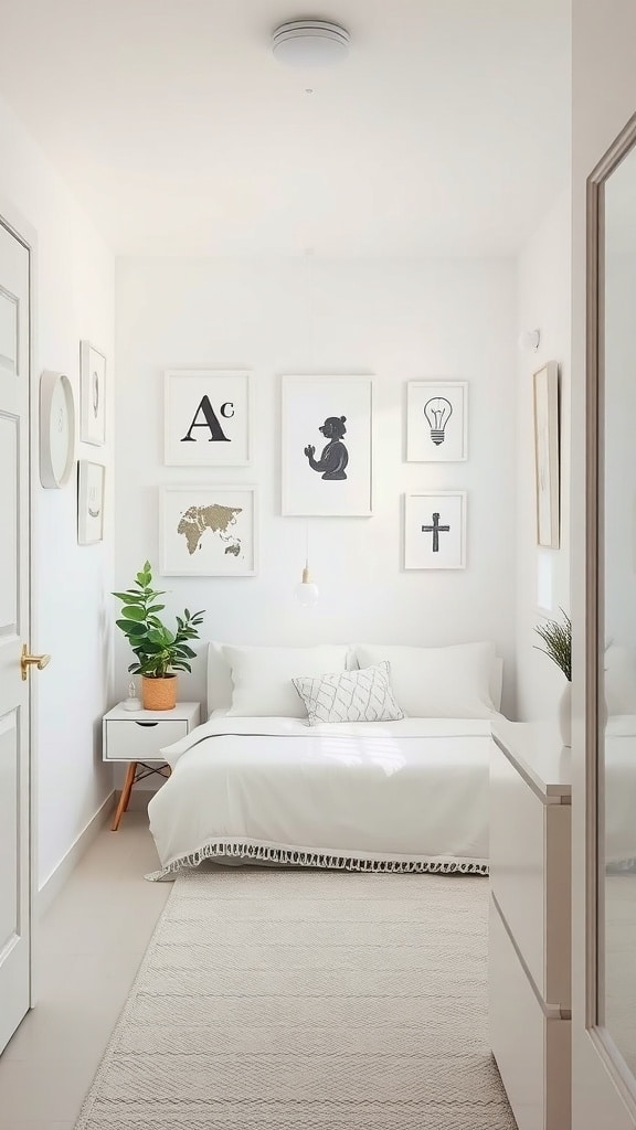 A small bedroom with white walls, featuring black and white wall art, a potted plant, and a cozy bed.