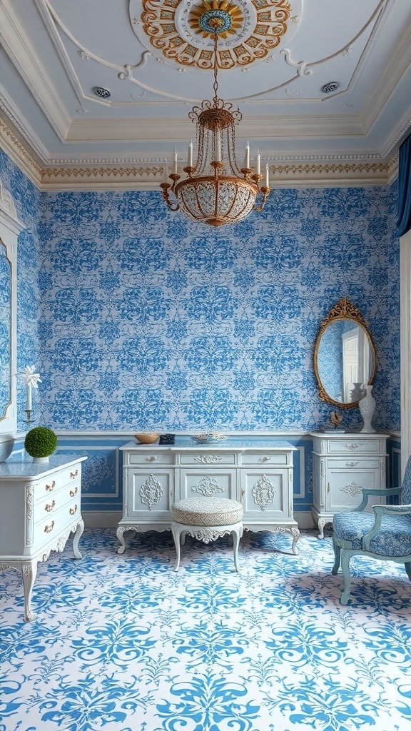 A luxurious blue and white bedroom with ornate furniture and a chandelier