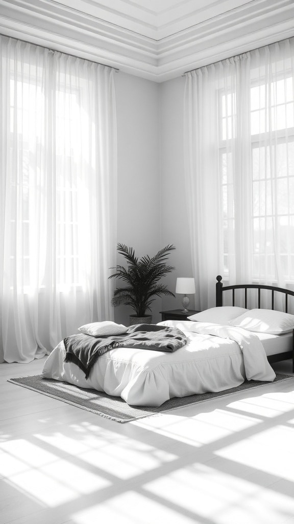 A minimalist black and white bedroom featuring large windows with white curtains, a cozy bed, and a touch of greenery.