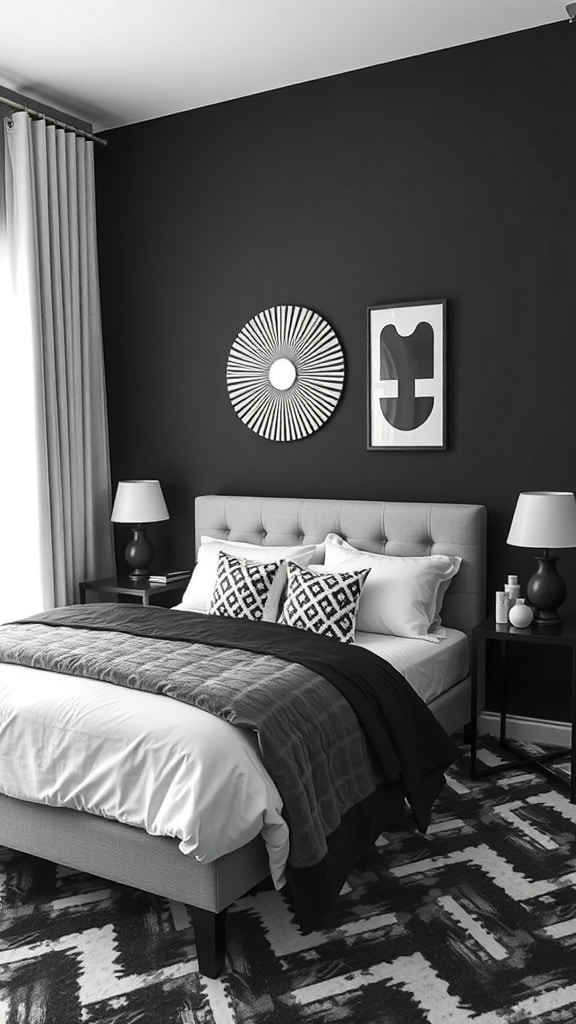 A minimalist black and white bedroom featuring geometric patterns in decor.
