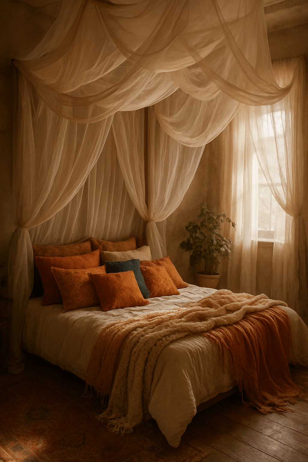 A cozy boho bedroom with a canopy bed, warm-toned pillows, and a plant by the window.