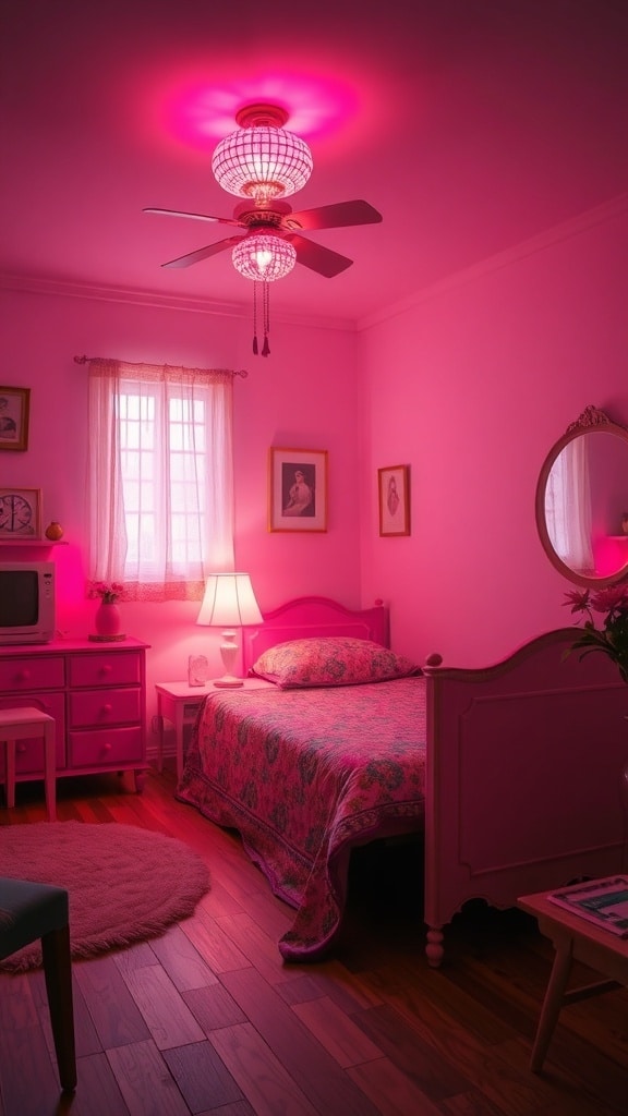 A vintage pink bedroom featuring a ceiling fan with a pink glass shade and warm lighting.