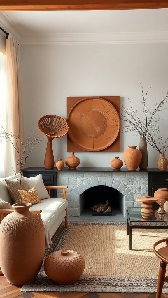 A cozy living room featuring various textured terracotta accessories, including large pots and vases, arranged around a sofa and coffee table.