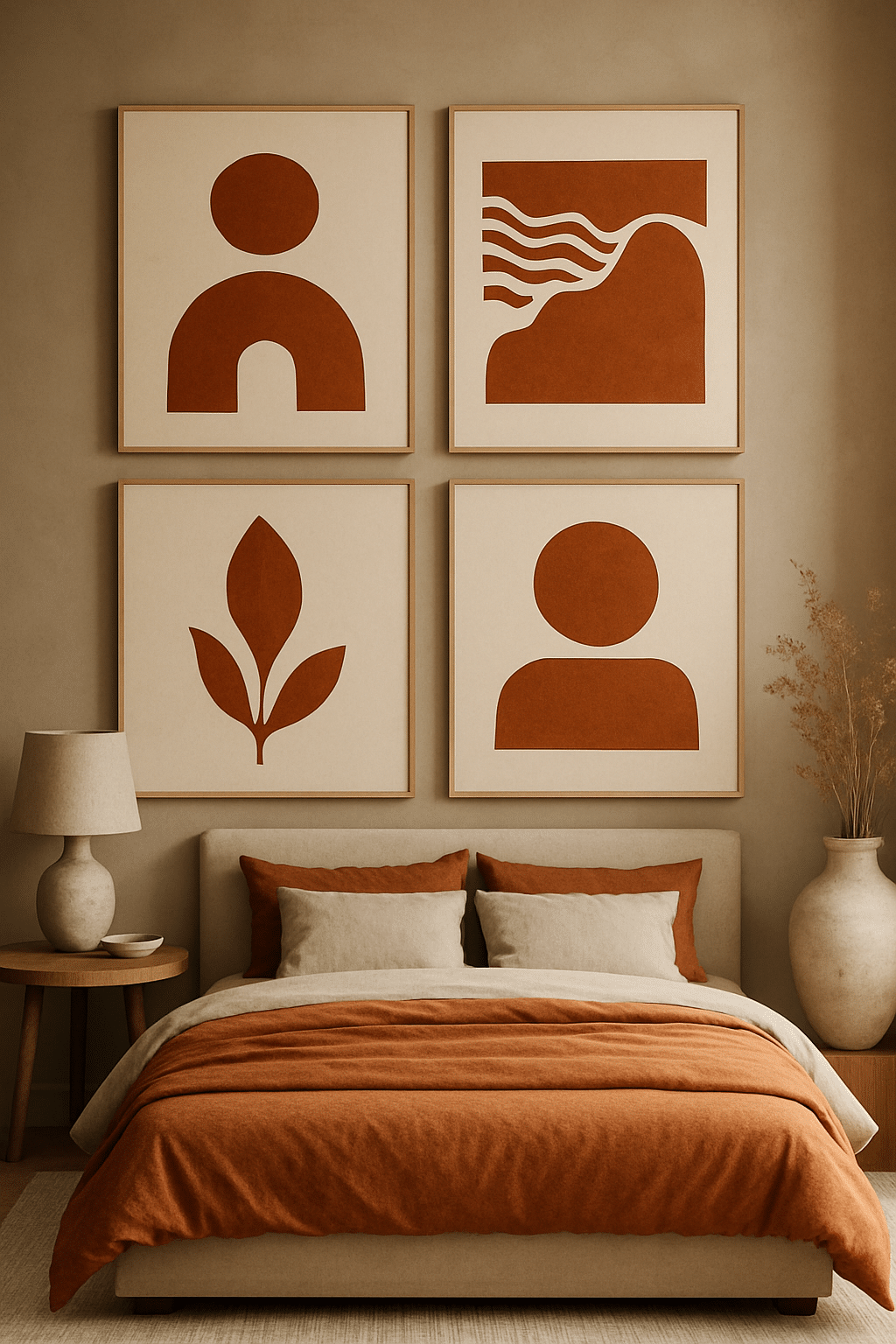 A cozy bedroom featuring burnt sienna artwork on the walls, a soft blanket on the bed, and a warm color palette.