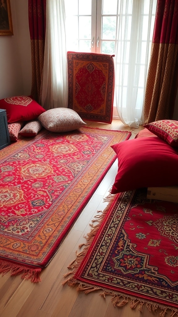 A cozy red bedroom featuring layered textures with pillows and rugs.