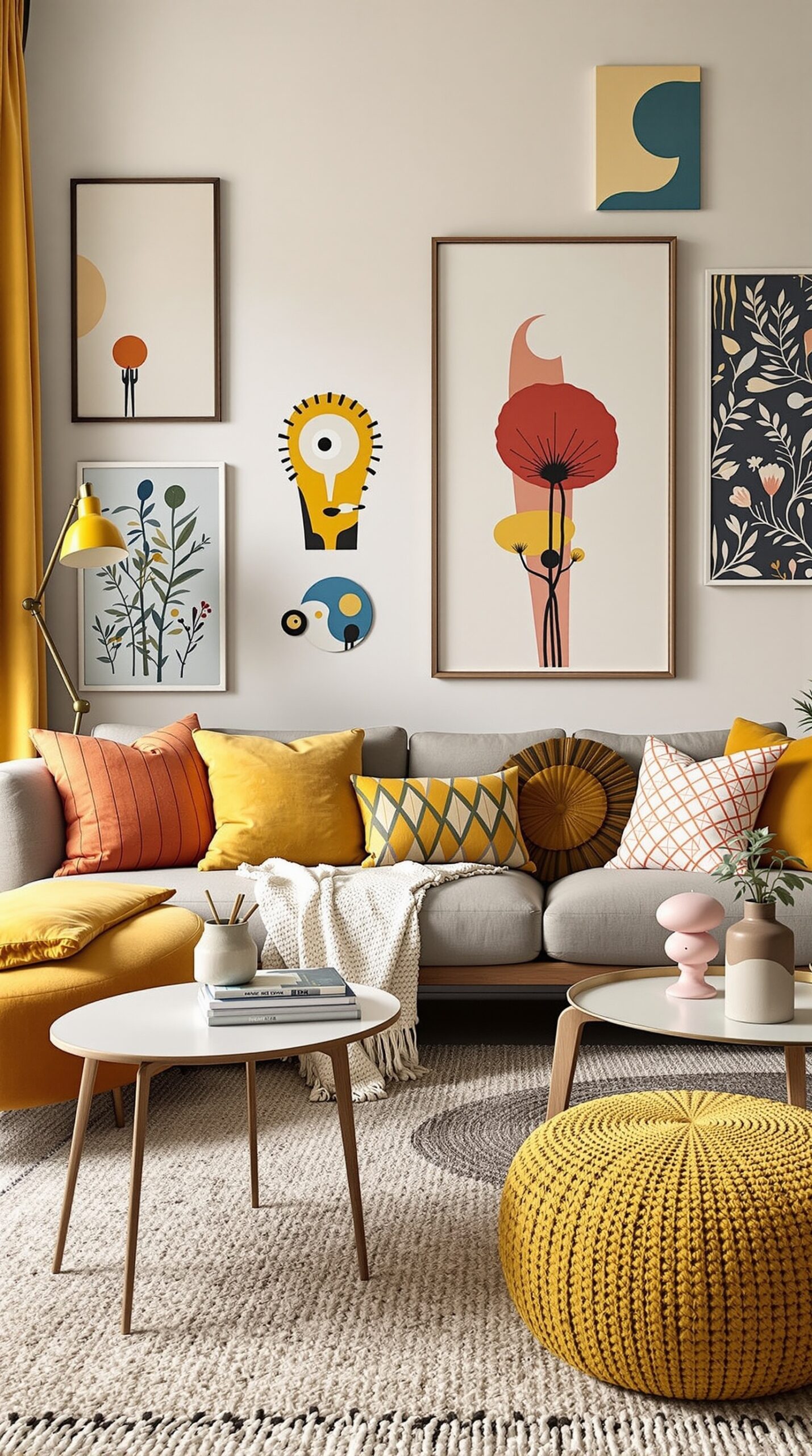 A stylish living room featuring ochre accents, including a large painting, throw pillows, and a pouf, complemented by neutral furniture and plants.