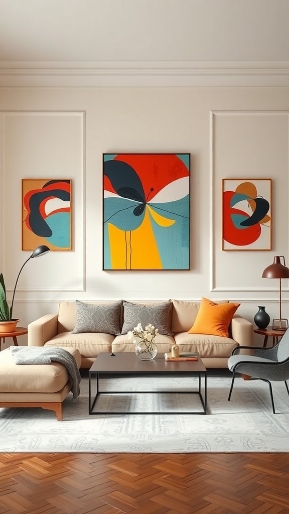 A stylish living room with cream walls and bold colorful artwork.
