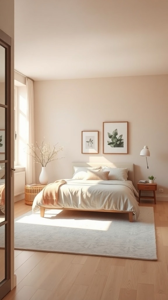 A cozy Scandinavian inspired bedroom with beige walls, a plush bed, and natural light.