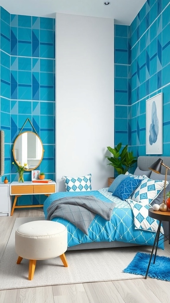 A bedroom featuring bold blue geometric patterns on the walls, complemented by matching bedding and modern furniture.