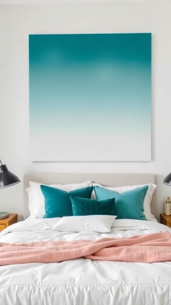 Teal ombre wall art above a bed with teal and white pillows