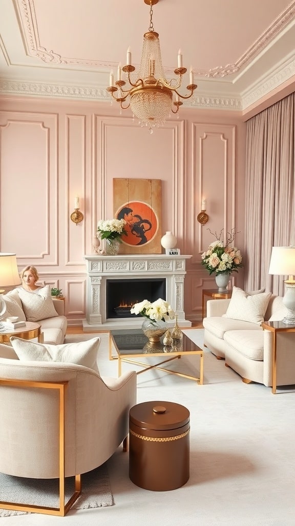 Cozy living room with blush pink walls and gold accents, featuring elegant furniture and a chandelier.
