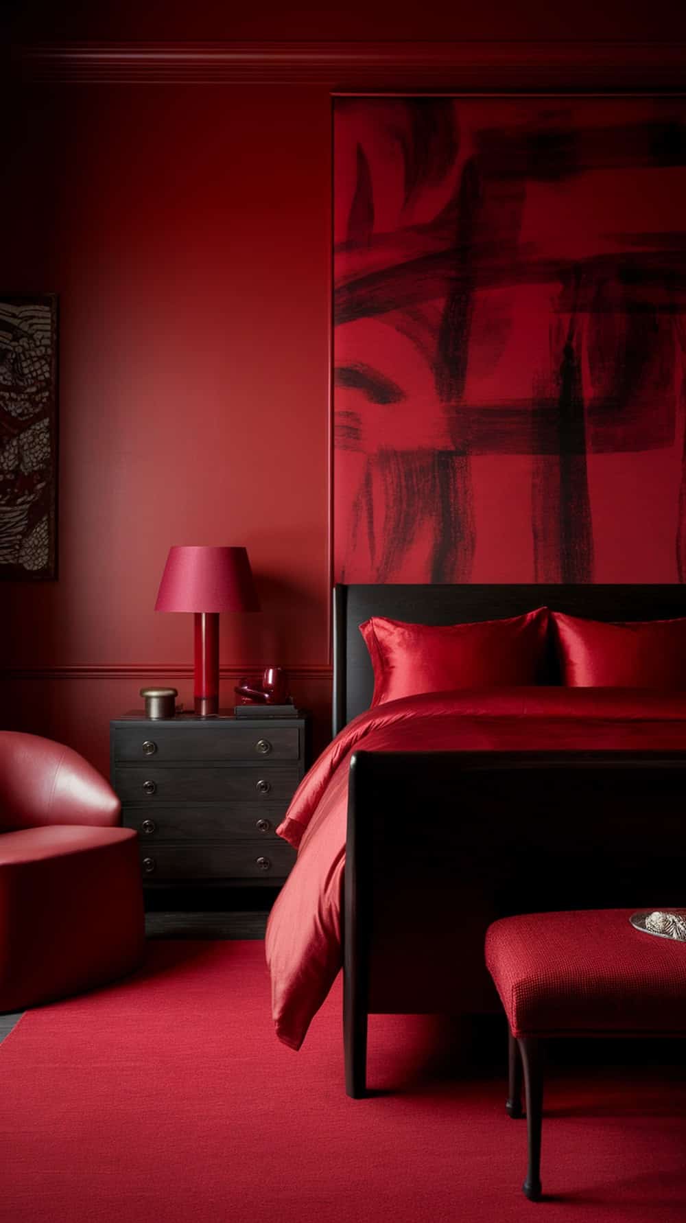 A moody red bedroom featuring dark wood furniture accents, including a bed frame, nightstands, and a dresser.