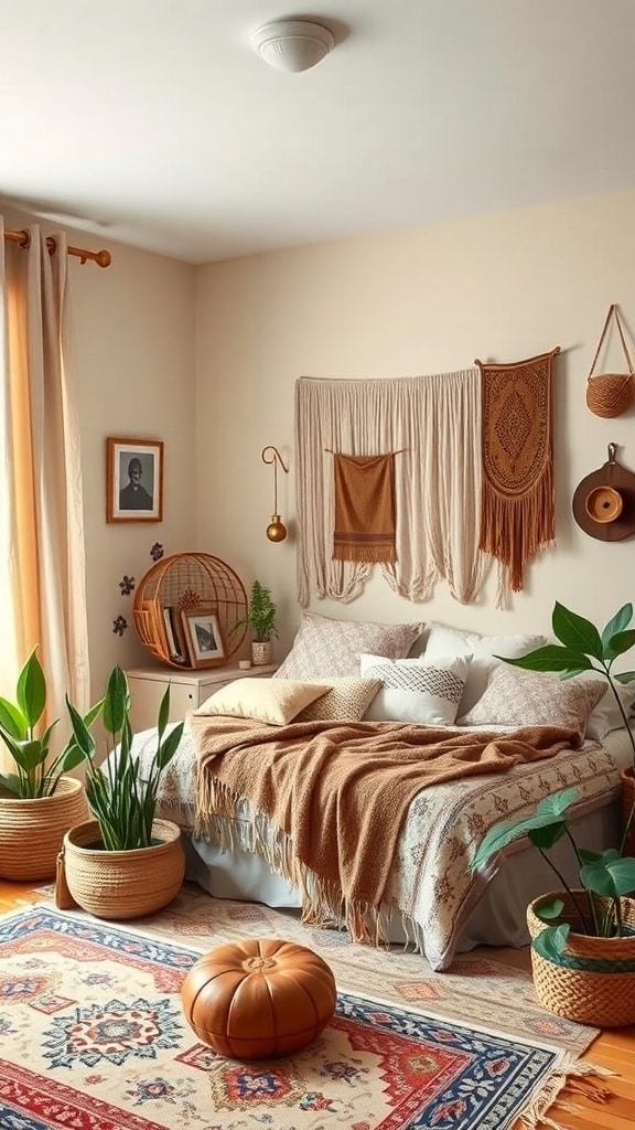 A cozy bohemian bedroom with beige walls, a textured blanket on the bed, plants, and warm decor.