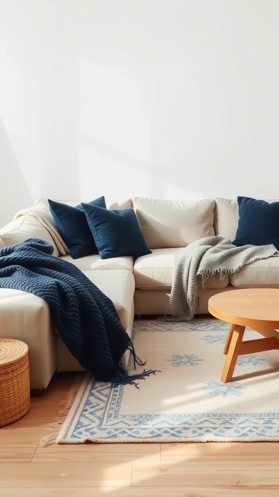 Cozy living room with beige sofa, indigo pillows, and a round wooden coffee table.