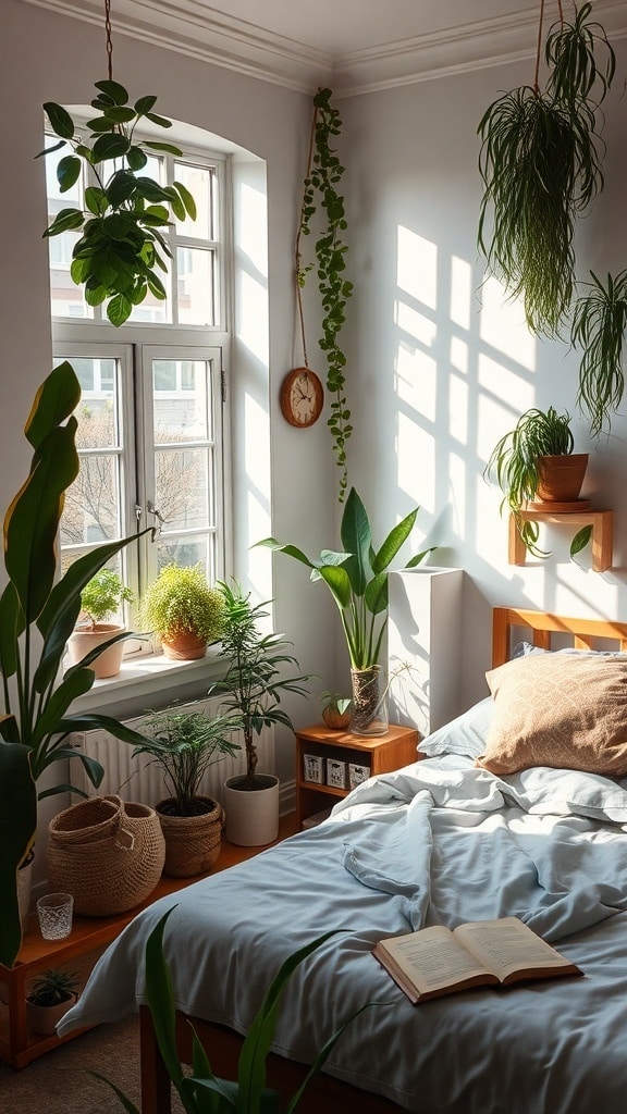 A cozy bedroom with various indoor plants, featuring a bed, wooden furniture, and natural light from a window.
